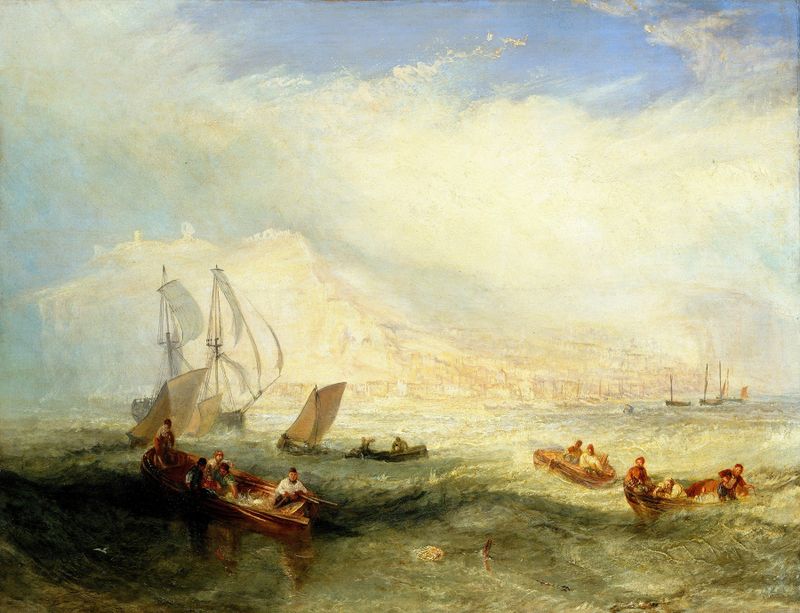 Line Fishing, Off Hastings by Joseph Mallord William Turner, oil painting of a serene marine scene.
