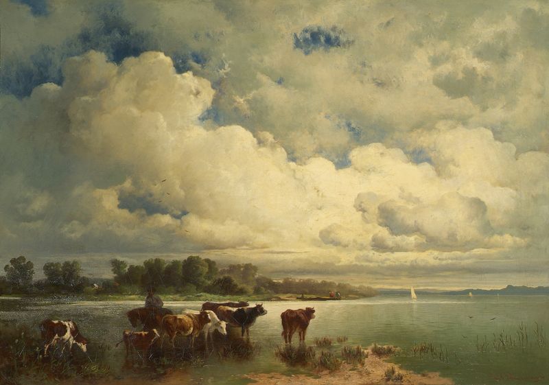 Landscape with cows and water reflections by Carl Schweninger, oil painting
