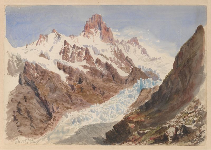 Schreckhorn, Eismeer de John Singer Sargent, óleo sobre tela, representando montanhas geladas e um vasto céu.