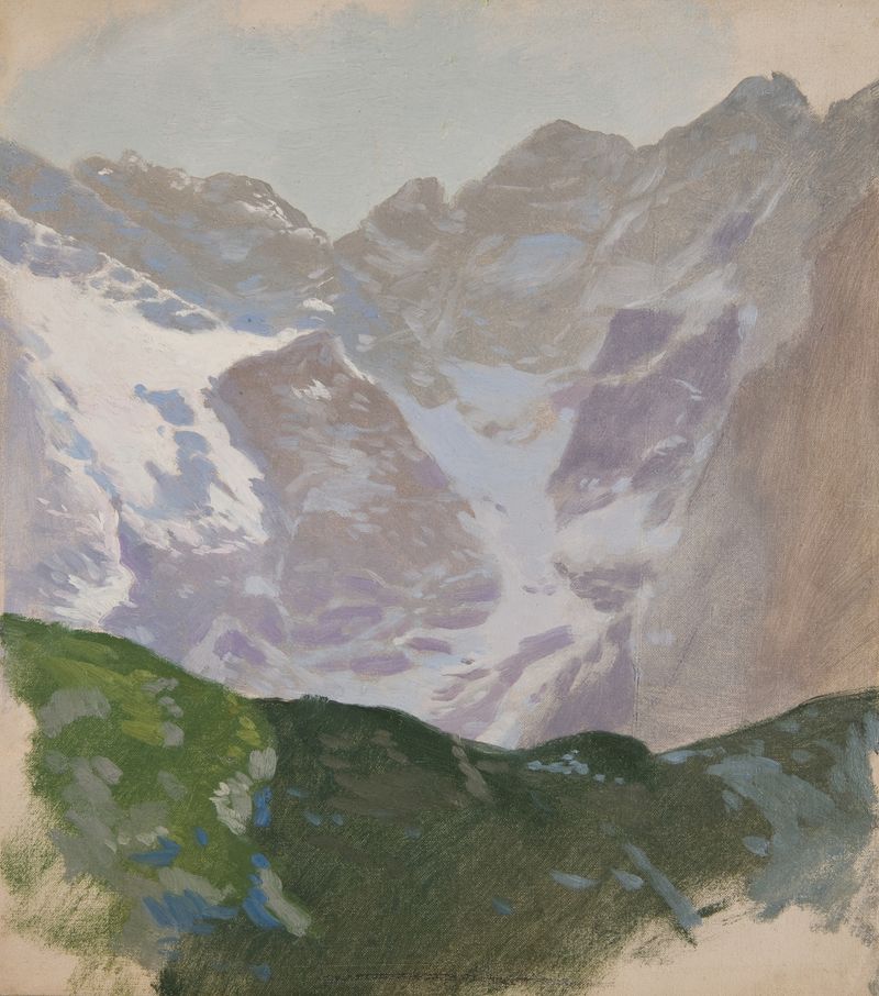 Mountain Landscape by Antoni Piotrowski, oil on canvas depicting majestic mountains and clouds.