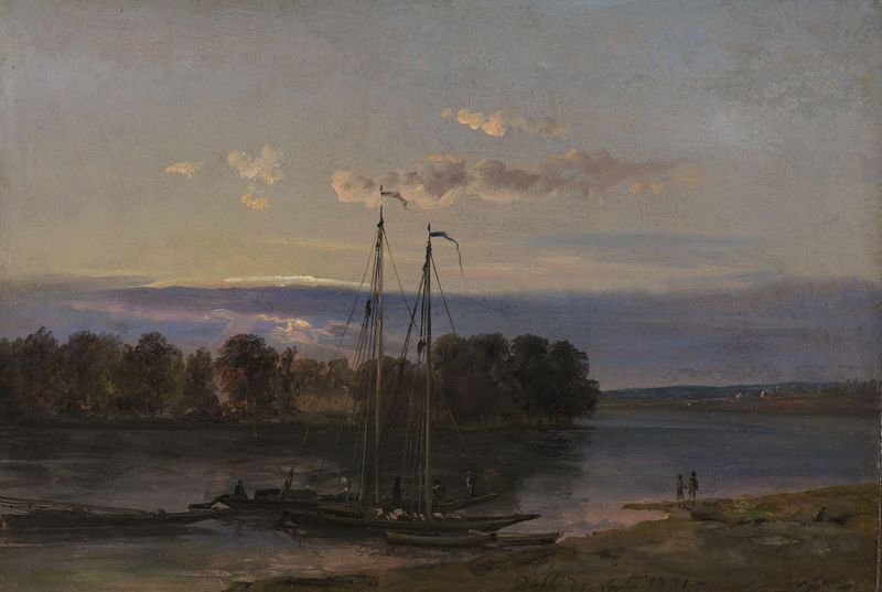El Elba al atardecer, pintura al óleo de Johan Christian Dahl, mostrando un río al atardecer con luz dorada.