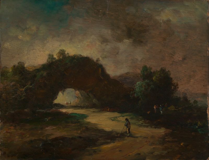 Landscape with a rock arch covered in greenery by Christian Wilhelm Ernst Dietrich, oil painting.