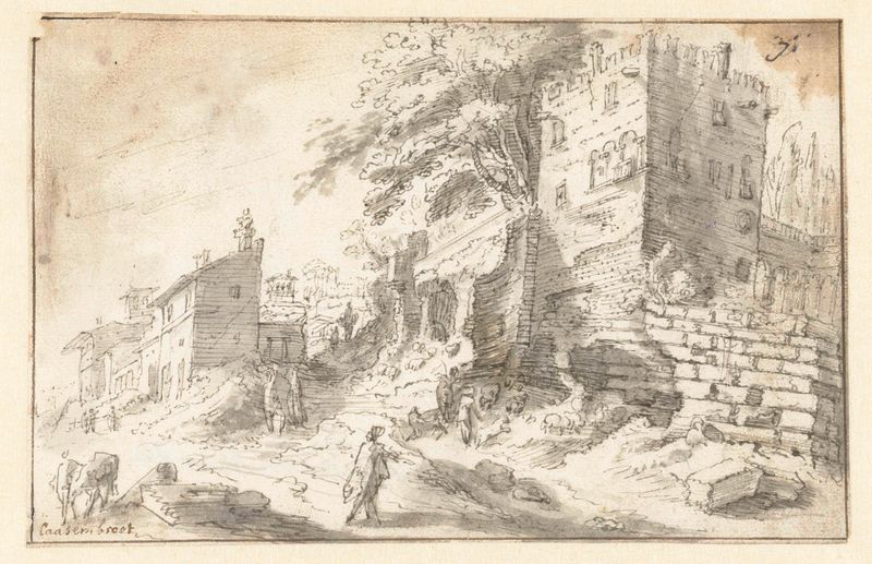 Landscape with ruins, oil painting by Abraham Casembroot