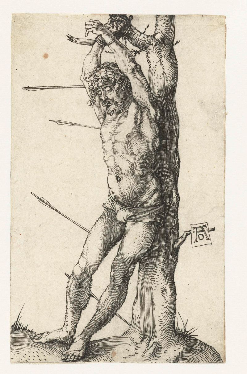 Grabado De Heilige Sebastiaan de Albrecht Dürer, que muestra a un santo sereno iluminado por luz suave.