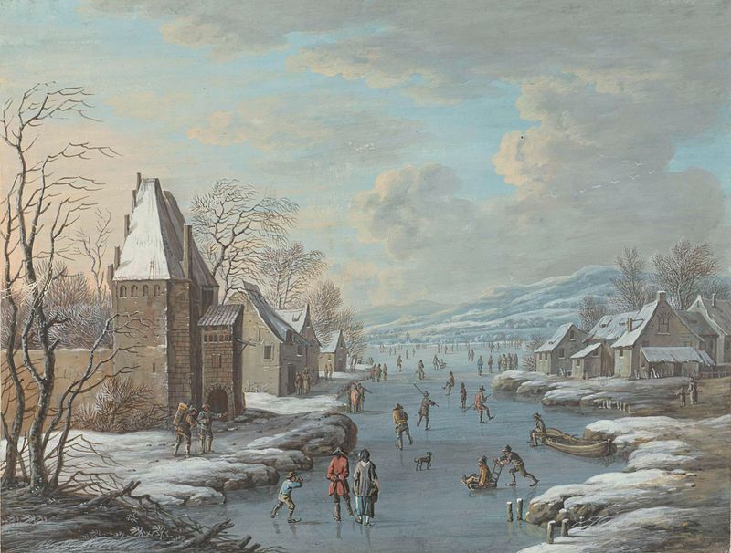 Wintergezicht met ijsvermaak by Barbara Regina Dietzsch, oil painting depicting ice skating in a winter landscape.