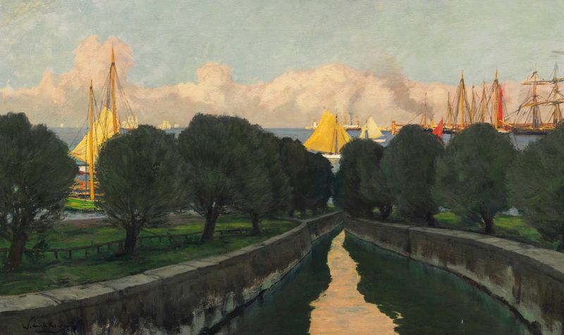 Marine scene with boats and calm water, oil on canvas by Walter Leistikow