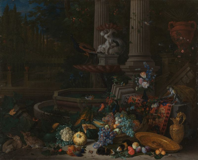 Still life oil on copper by Peeter Gijsels featuring vegetables and a fountain.