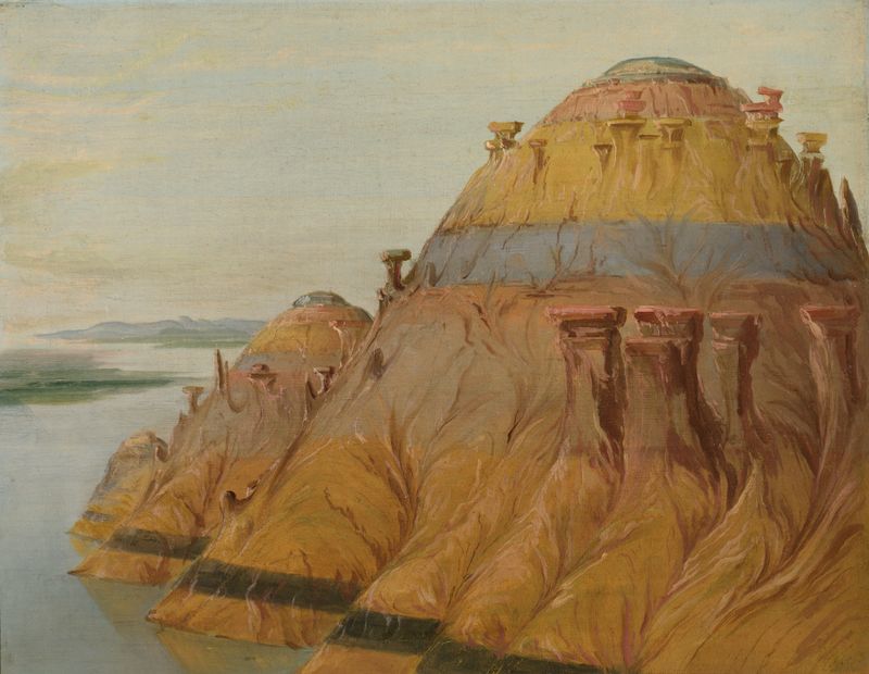 Paisagem de penhascos e rio por George Catlin, pintura a óleo