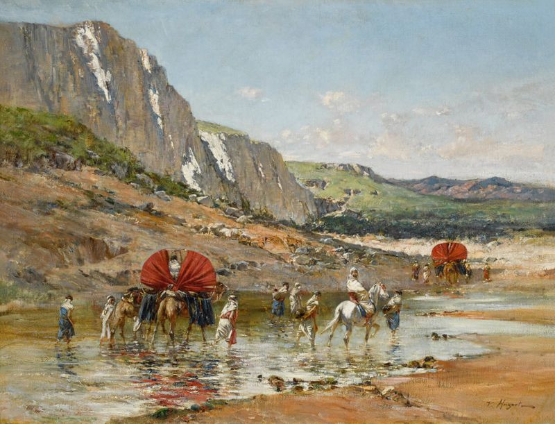Crossing the Wadi, oil painting by Victor Huguet showing travelers in a desert landscape.
