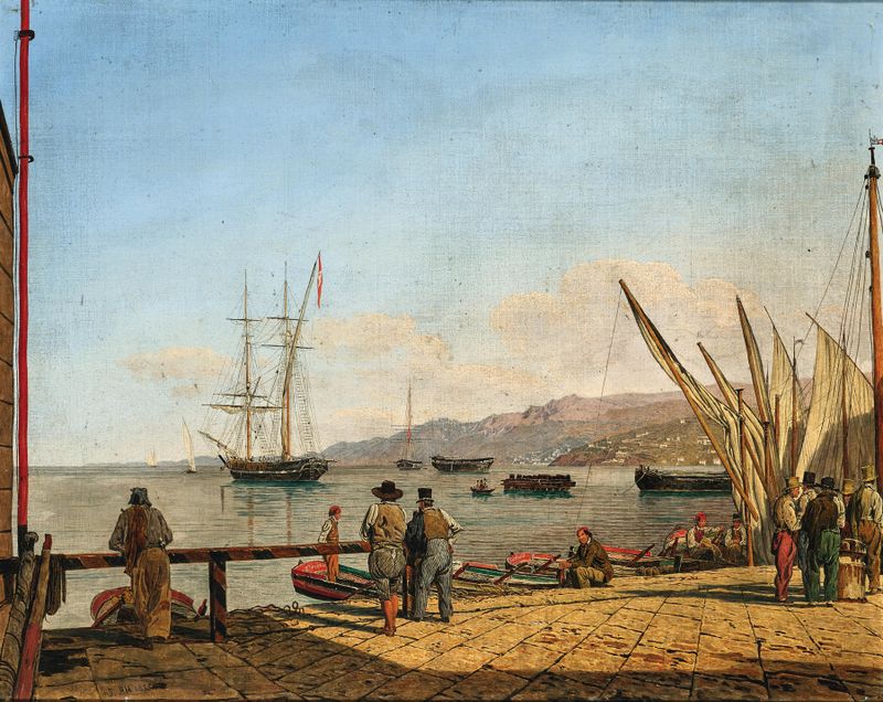 O Porto de Trieste de Jacob Alt, óleo sobre tela, retratando um porto calmo com barcos e águas reflexivas.
