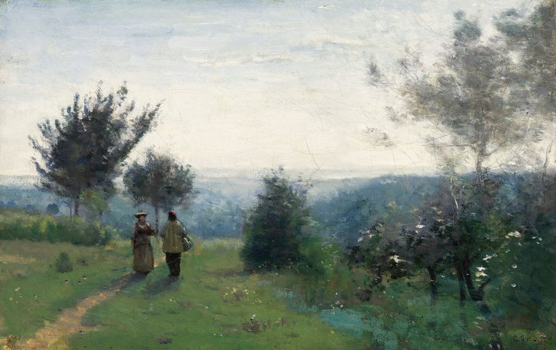 Pintura de paisagem de Jean-Baptiste-Camille Corot com figuras conversando ao amanhecer.
