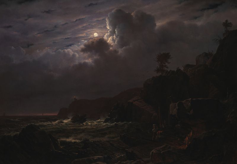 Pintura al óleo de luna llena de Louis Gurlitt que muestra contrabandistas ocultando mercancías entre rocas en Suecia.