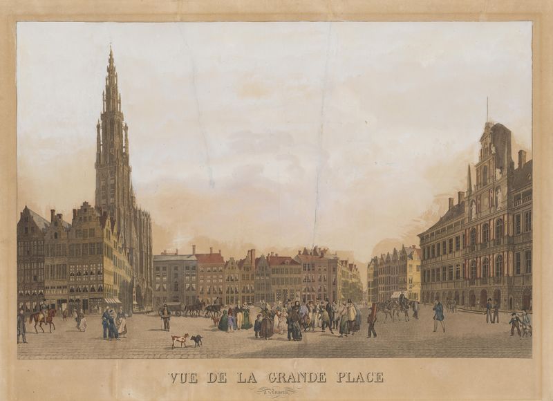 De Grote Markt van Antwerpen, óleo sobre tela de Charles Onghena, apresentando uma praça de mercado movimentada e catedral.