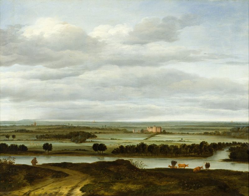 Panoramic landscape with hills and river by Anthonie van Borssom, oil painting