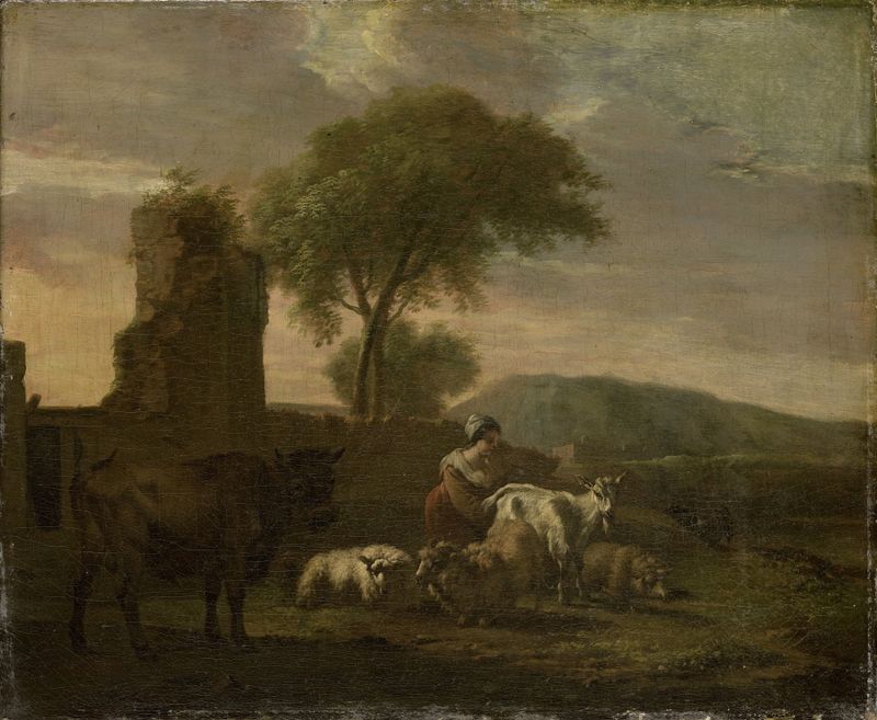 Italian Landscape with Shepherdess and Flocks, oil on canvas by Simon van der Does