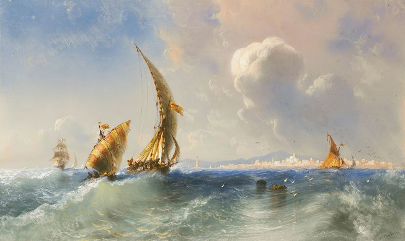 High Seas Near Alicante by Carlo Bossoli, oil painting of crashing waves and rocky coastline.