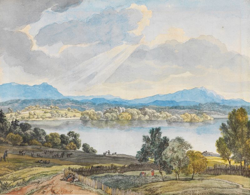 Blick über den Staffelsee, oil painting by Wilhelm von Kobell depicting a serene lake and sky.