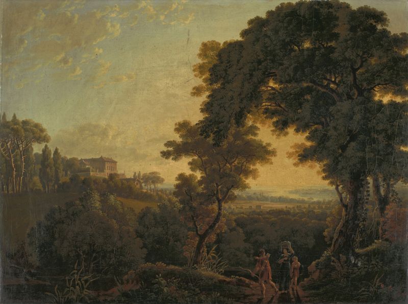 Italian Landscape, Lake Nemi by Peter Birmann, oil on canvas depicting a serene lake with lush greenery.