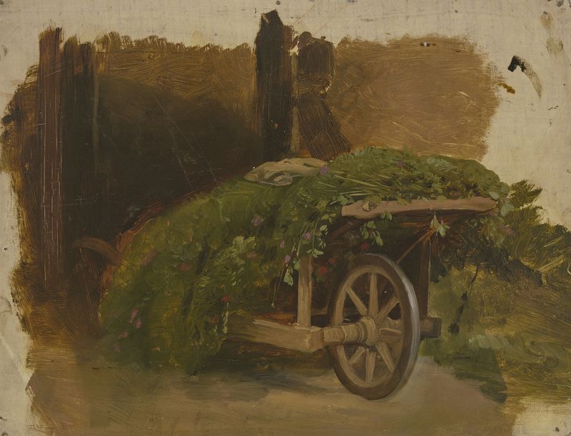 Naturaleza muerta de un carro cargado de hierba por Jakob Becker, realismo