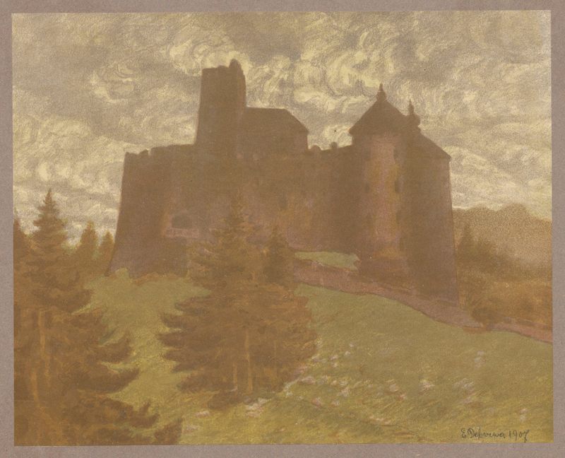Castle by Eugeniusz Ludwik Dąbrowa-Dąbrowski, oil painting depicting a fortress in a muted landscape.