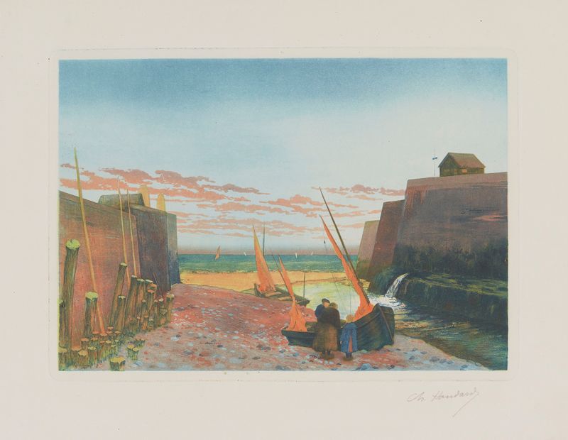 Marine scene with jetty and waves by Charles-Louis Houdard, oil painting