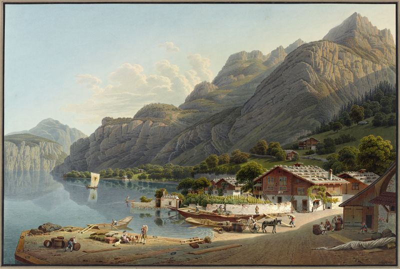 Vue de Fluhlen, en Suisse de Gabriel Lory the Younger, pintura al óleo que representa un paisaje suizo sereno.