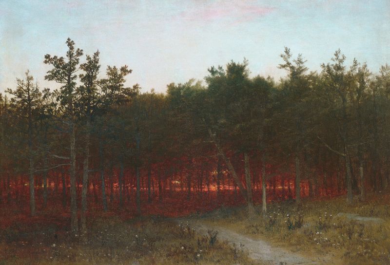 Twilight in the Cedars at Darien, Connecticut, pintura al óleo de John Frederick Kensett que representa un paisaje tranquilo.