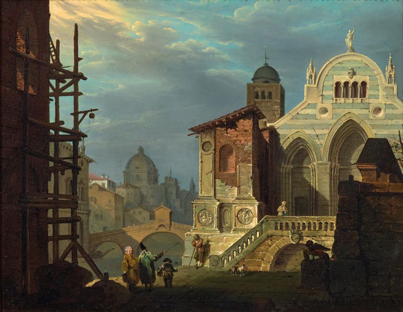 Venetian Capricci with Church and Figures by Giovanni Migliara, oil on canvas depicting a church and figures.