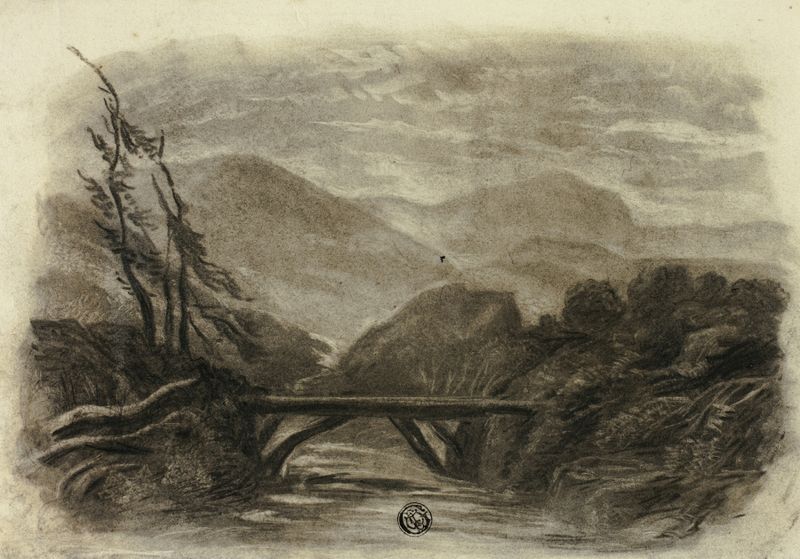 Mountain Stream with Small Bridge I, óleo sobre lienzo de Elizabeth Murray, que muestra un paisaje sereno con un arroyo.