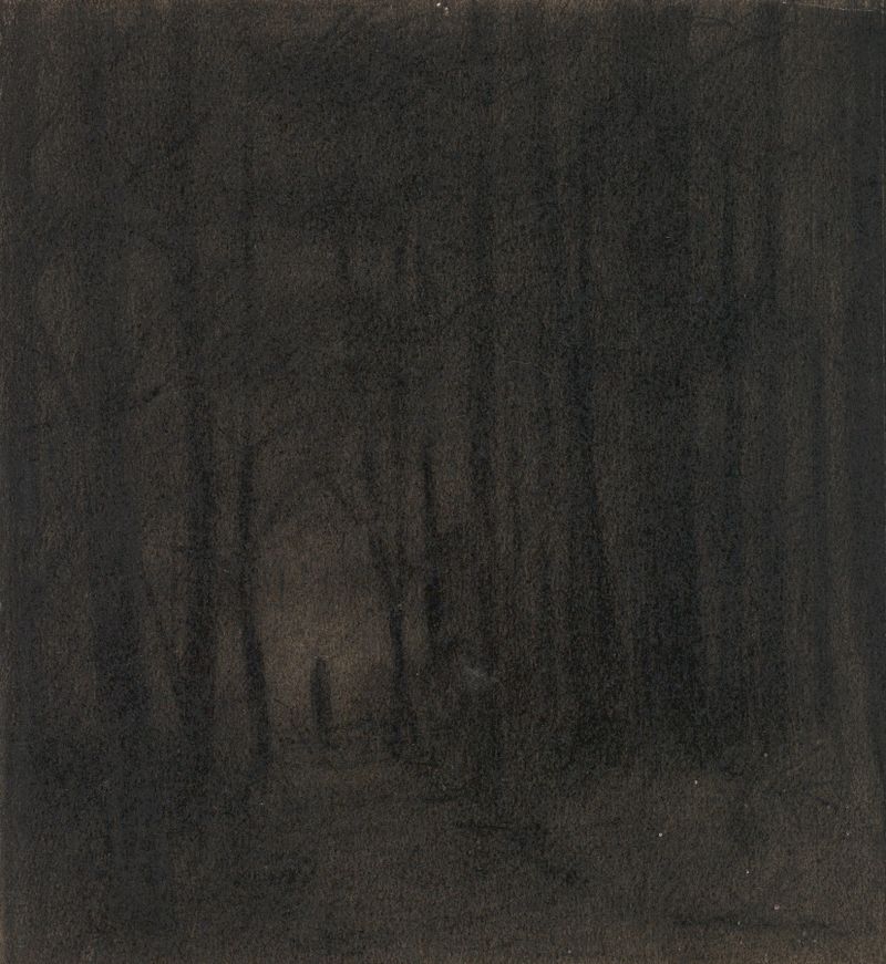 Figure in a dark wood, oil on canvas by Herbert Crowley