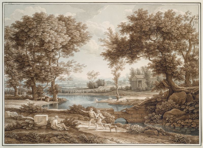 Heroic landscape by Johann Christian Reinhart, oil painting of a rugged landscape with an ethereal sky.