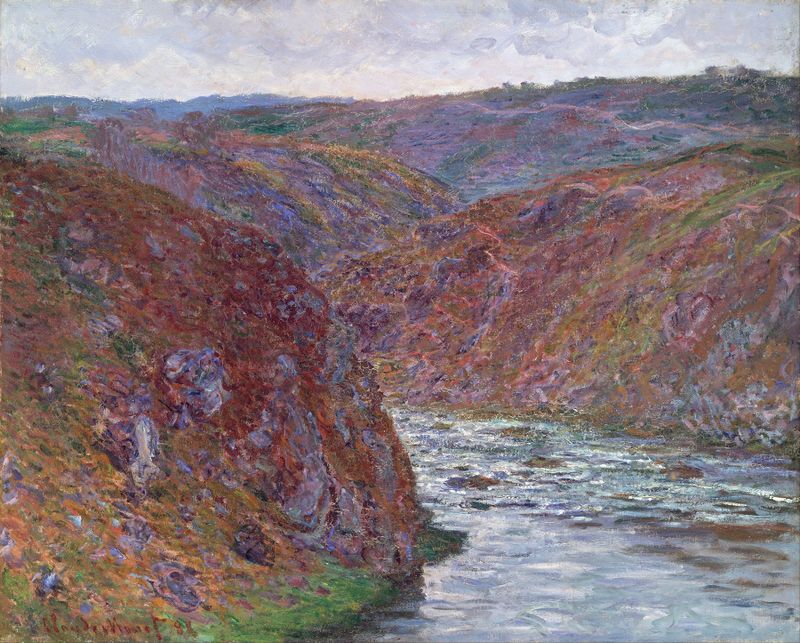 Valle de la Creuse, pintura al óleo de Claude Monet, presenta nubes en espiral y un río.