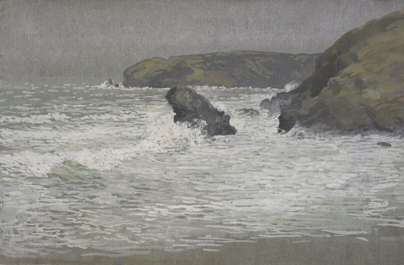 Coastal scene by Walter Crane, watercolor on paper depicting a tranquil marine landscape.