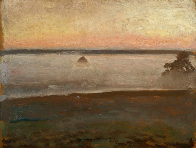 Morning Mists de Jozef Chelmonski, óleo sobre lienzo que representa un río en un paisaje brumoso.