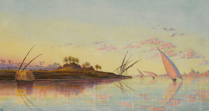 View On The Nile Near Cairo, Egypt by Thomas Seddon, oil on canvas depicting a serene river landscape.