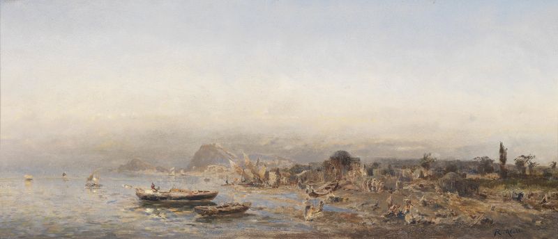 Escena marina con luz solar sobre el agua de Robert Alott, pintura al óleo