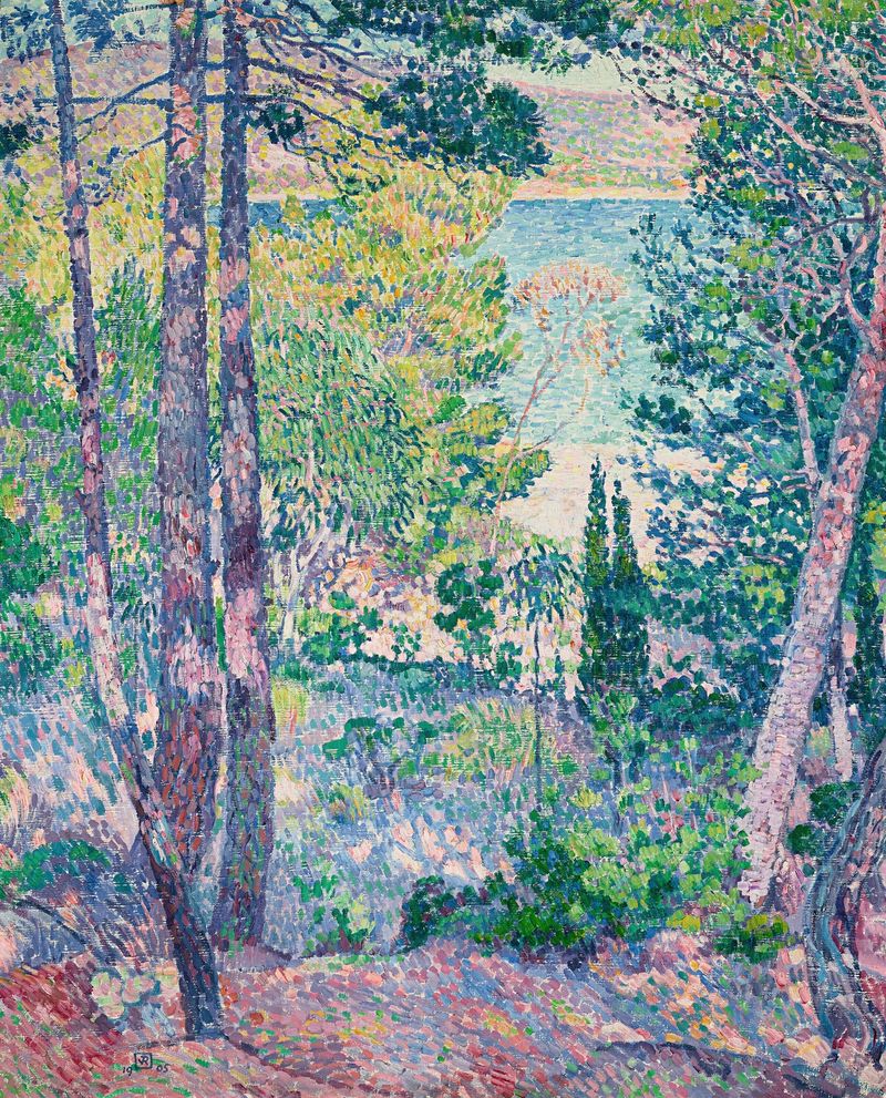 Eucalyptus à Cavalière de Theo van Rysselberghe, óleo de árboles de eucalipto y luz filtrada.