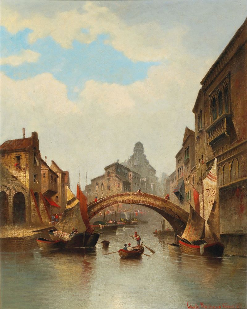 Figurative oil painting by Karl Kaufmann depicting two figures in Venice.