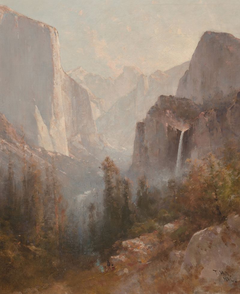Yosemite de Thomas Hill, pintura al óleo que representa acantilados de granito bajo un cielo azul.