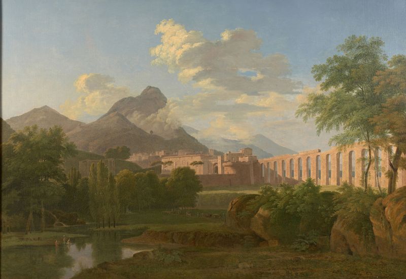 Paisagem com aqueduto e fortaleza, óleo sobre tela de Agathon du Petitbois