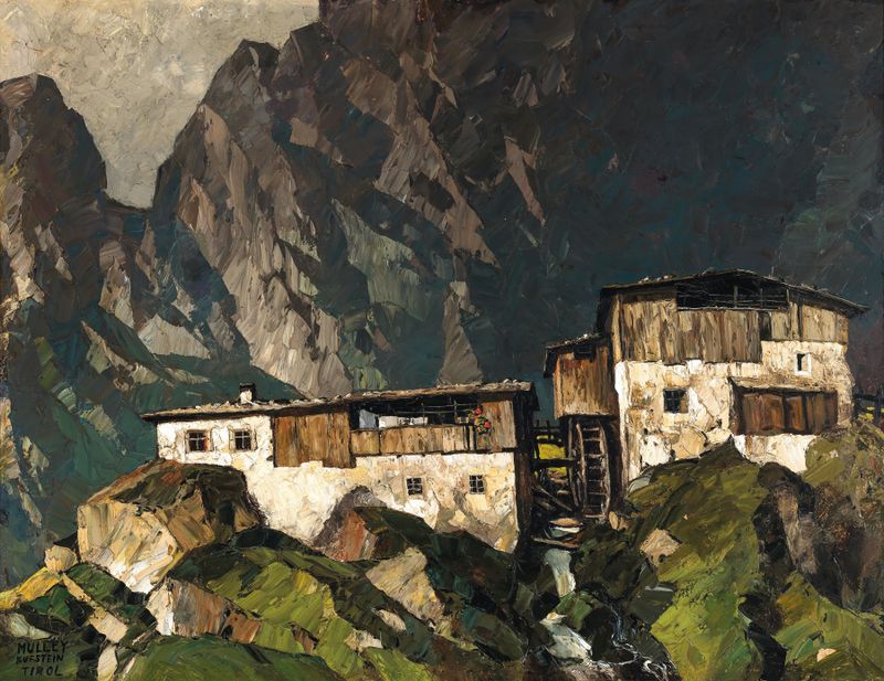 Farmhouse with mill, oil on canvas by Oskar Mulley