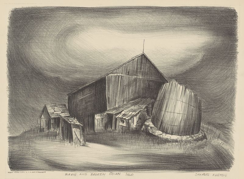 Barn and Broken Down Silo de Charles Henry Alston, retrata um celeiro e um silo desgastados.