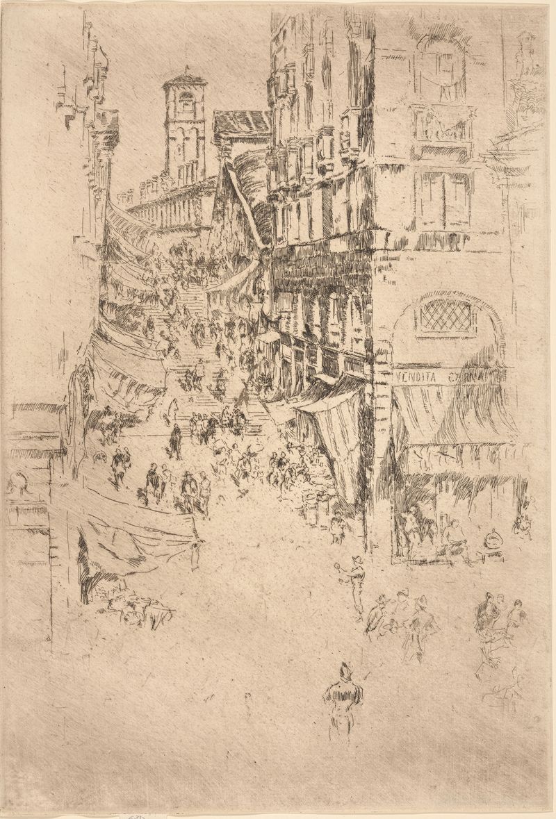 O Rialto de James Abbott McNeill Whistler, óleo sobre tela que retrata um canal veneziano com silhuetas