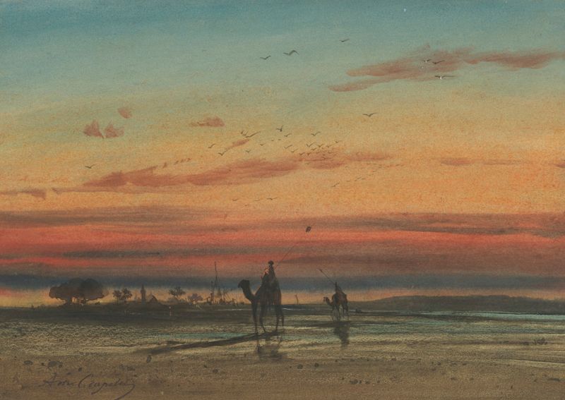 Sunset in Egypt, oil painting by Louis-Amable Crapelet featuring Bedouins on camels.
