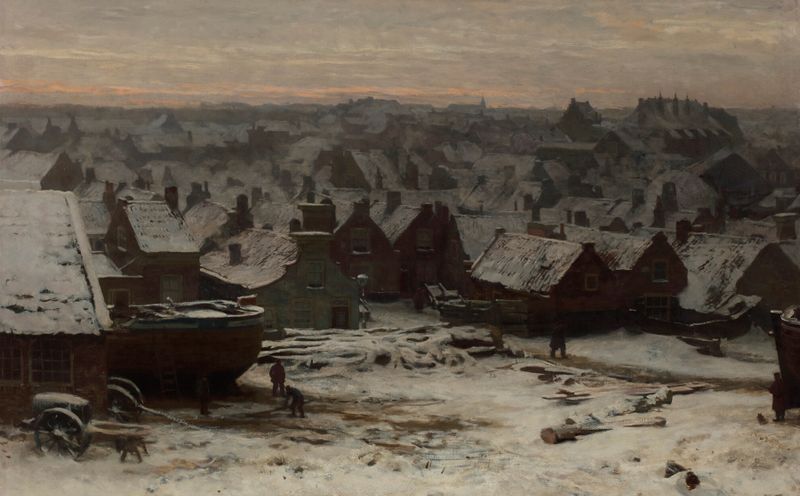 Scheveningen in winter by Willem Bastiaan Tholen, oil on canvas depicting fishing boats on a winter beach