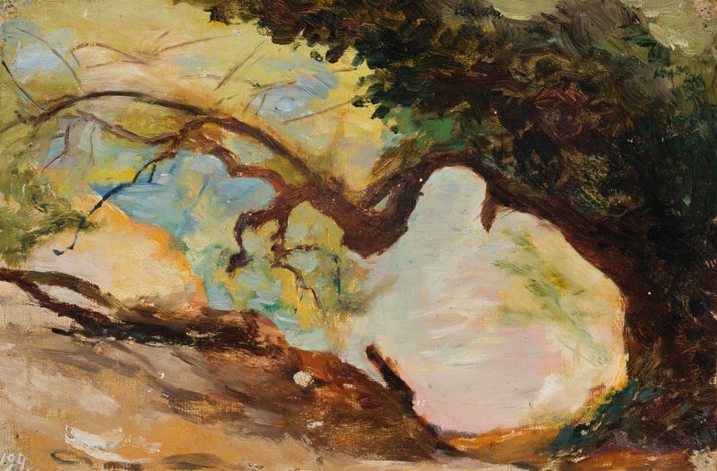 Árboles en Alupka de Jan Ciągliński, pintura al óleo que muestra un follaje exuberante y luz solar.