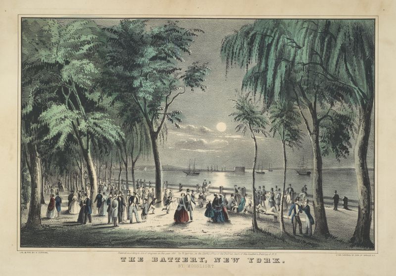 Litografia de Currier & Ives retratando uma paisagem noturna tranquila com luz da lua sobre a água.