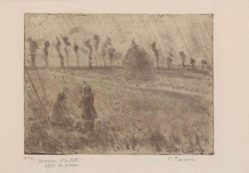 Paisaje con gotas de lluvia y un cielo tormentoso, pintura al óleo de Camille Pissarro