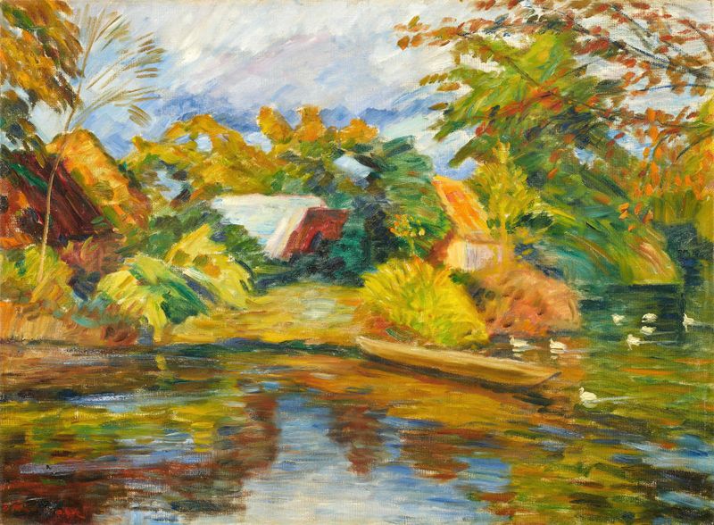 Stormy autumn landscape with trees and a village, oil on canvas by Otto Modersohn