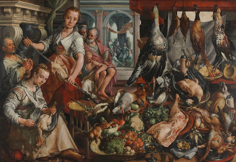 La Cocina Bien Abastecida, óleo sobre panel de Joachim Bueckelaer, con una cocina animada y frutas y verduras.